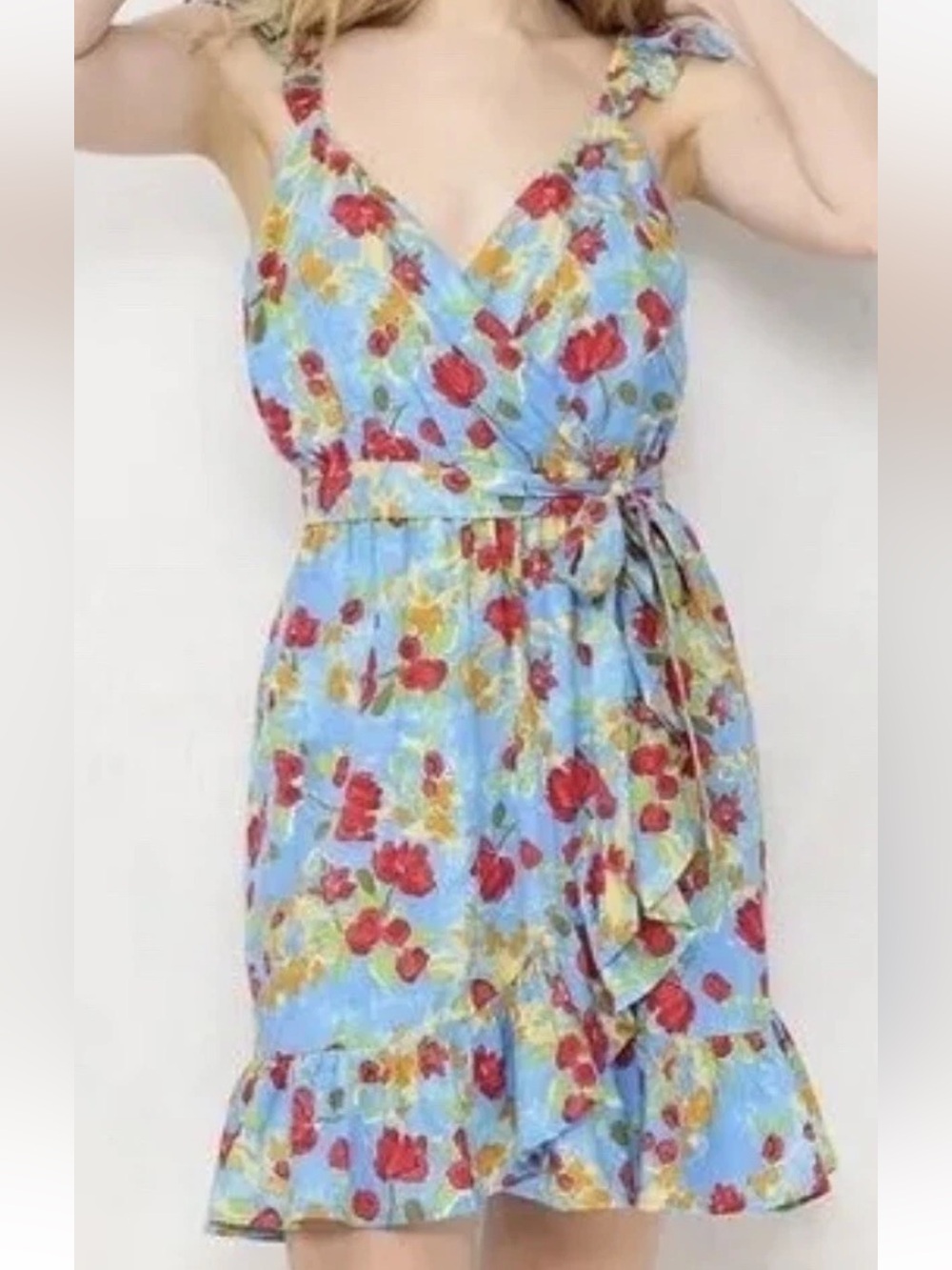 LC Lauren Conrad Floral Print Faux-Wrap Dress Cotton Mix Blue Size XXL - Picture 4 of 5